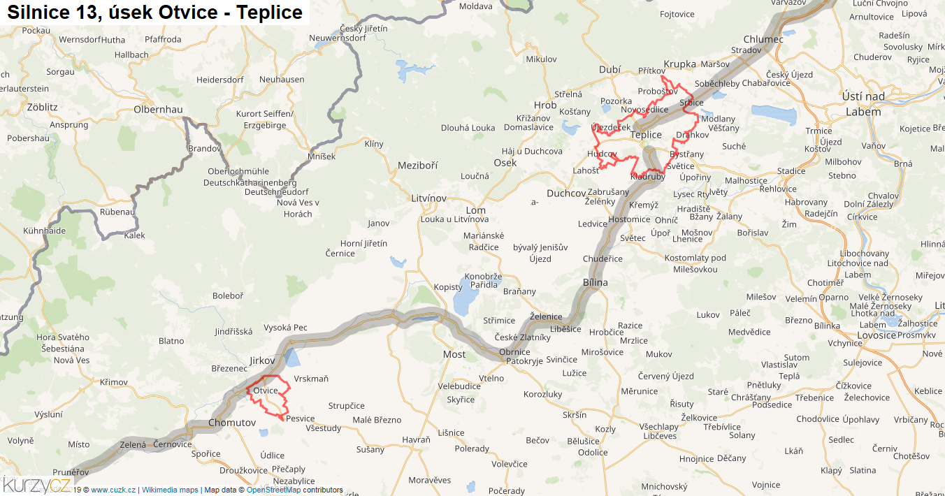 Úsek Otvice - Teplice, Silnice 13 - Mapa