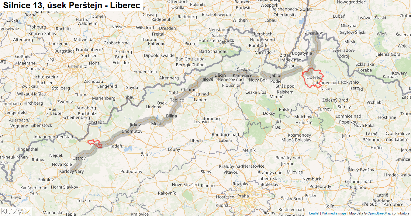 Úsek Perštejn - Liberec, Silnice 13 - Mapa