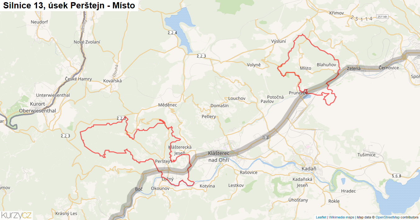 Úsek Perštejn - Místo, Silnice 13 - Mapa