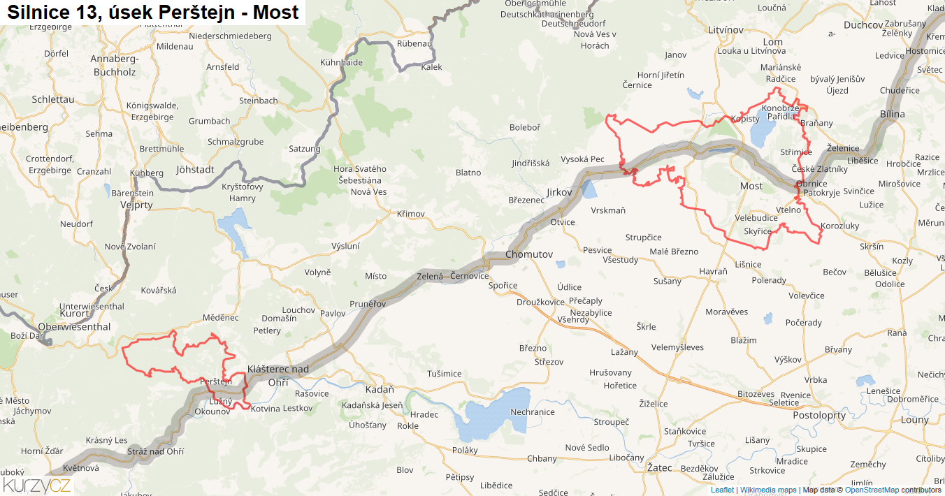 Úsek Perštejn - Most, Silnice 13 - Mapa