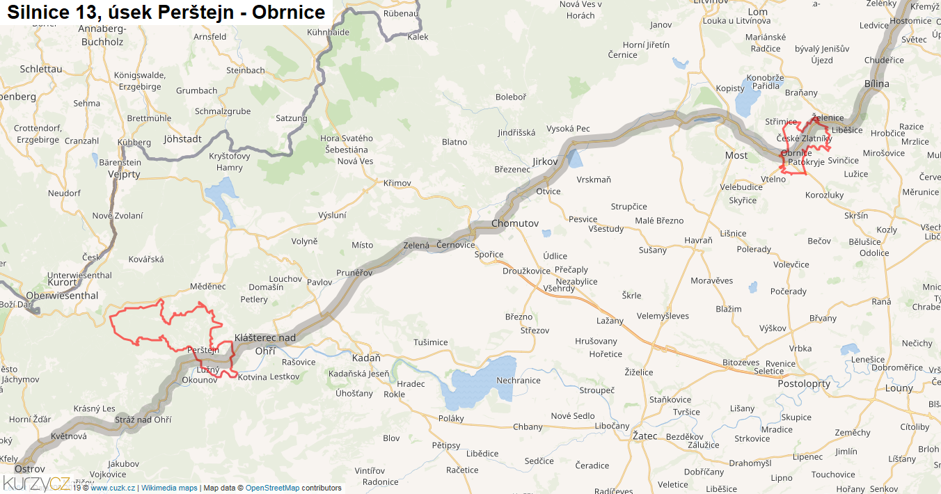 Úsek Perštejn - Obrnice, Silnice 13 - Mapa