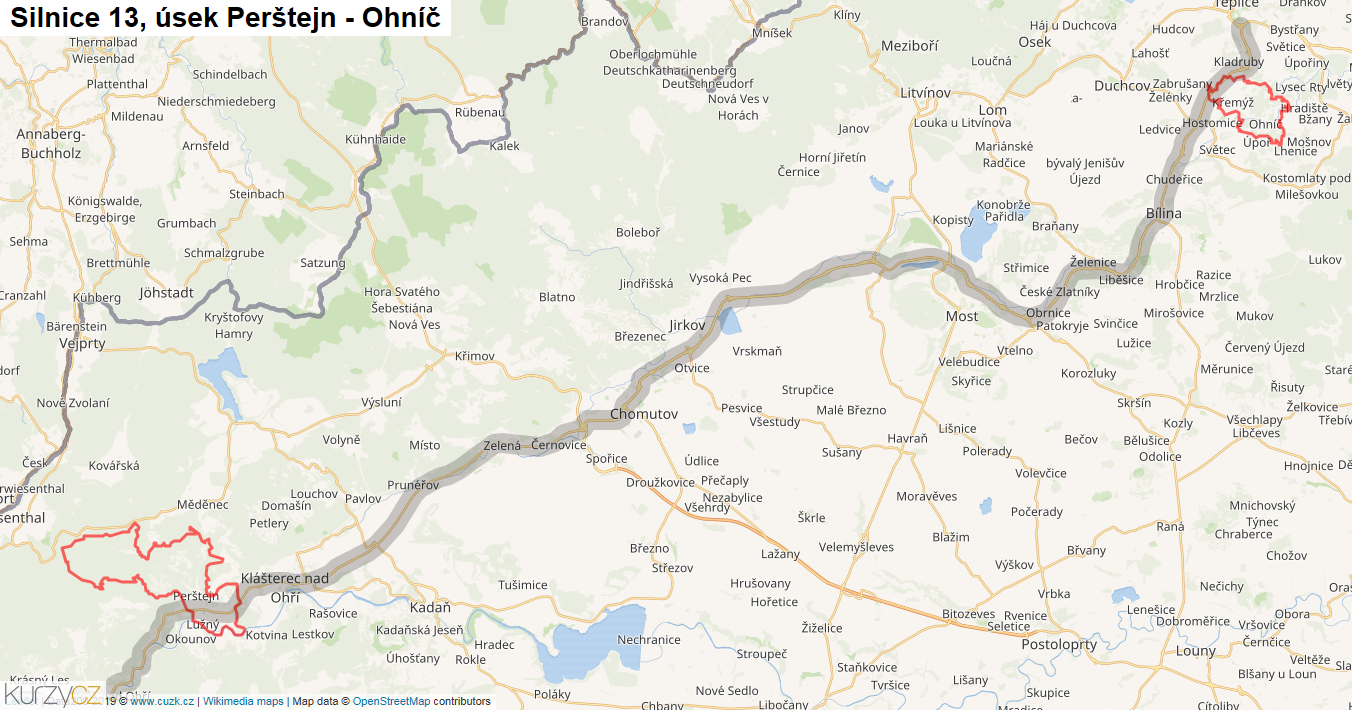 Úsek Perštejn - Ohníč, Silnice 13 - Mapa