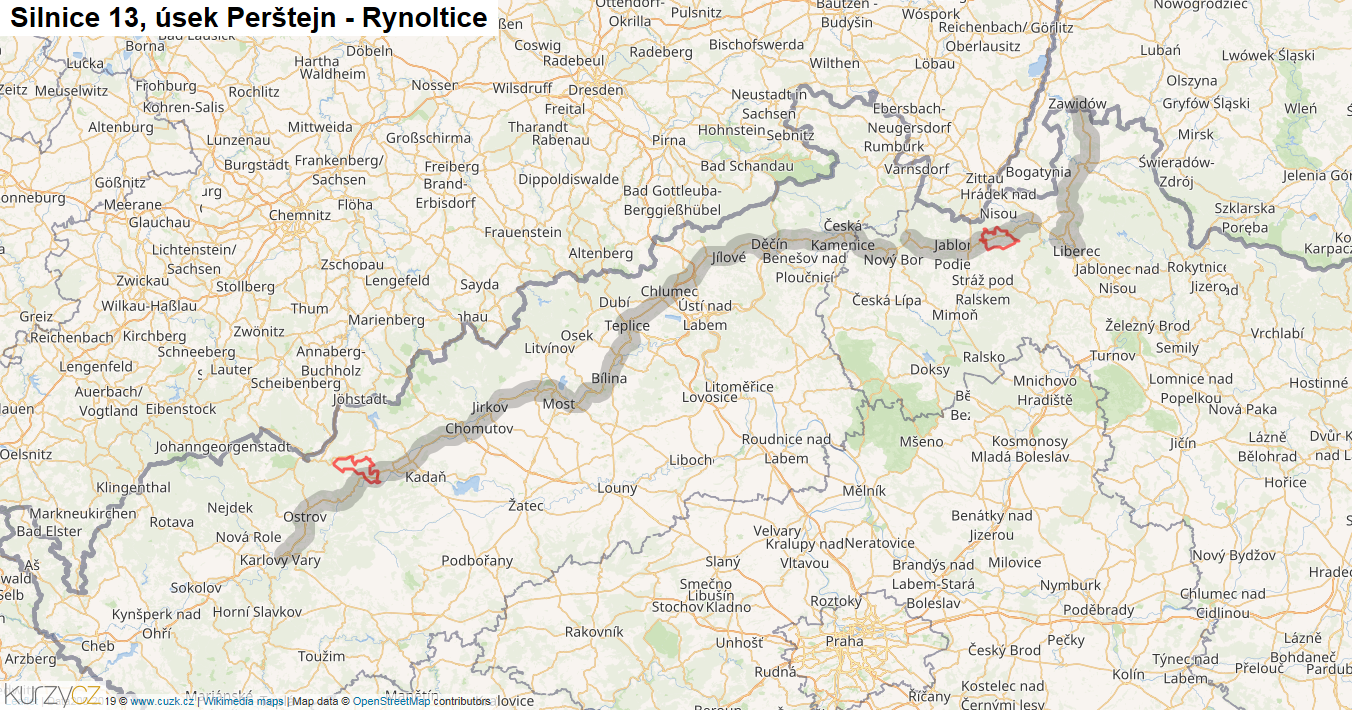 Úsek Perštejn - Rynoltice, Silnice 13 - Mapa