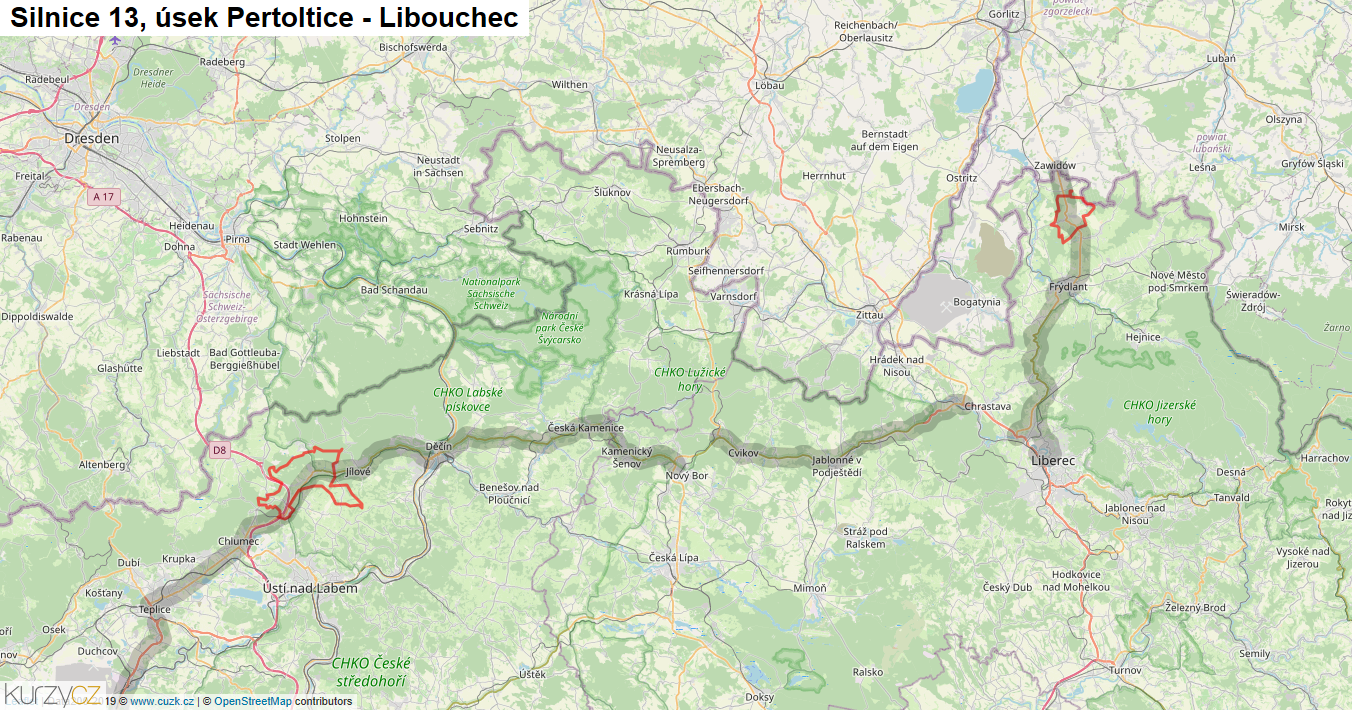 Úsek Pertoltice - Libouchec, Silnice 13 - Mapa