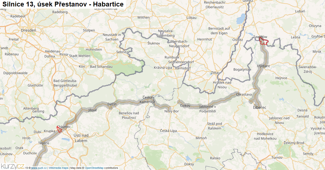 Úsek Přestanov - Habartice, Silnice 13 - Mapa