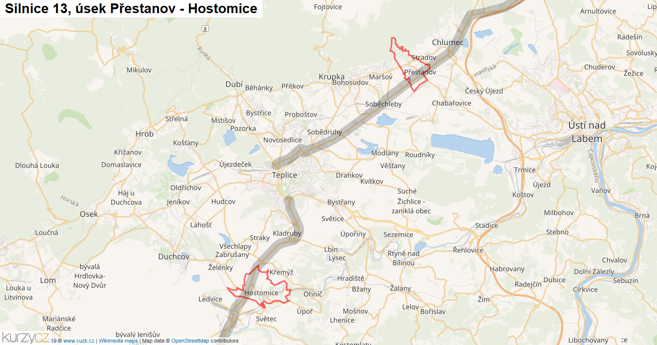 Úsek Přestanov - Hostomice, Silnice 13 - Mapa