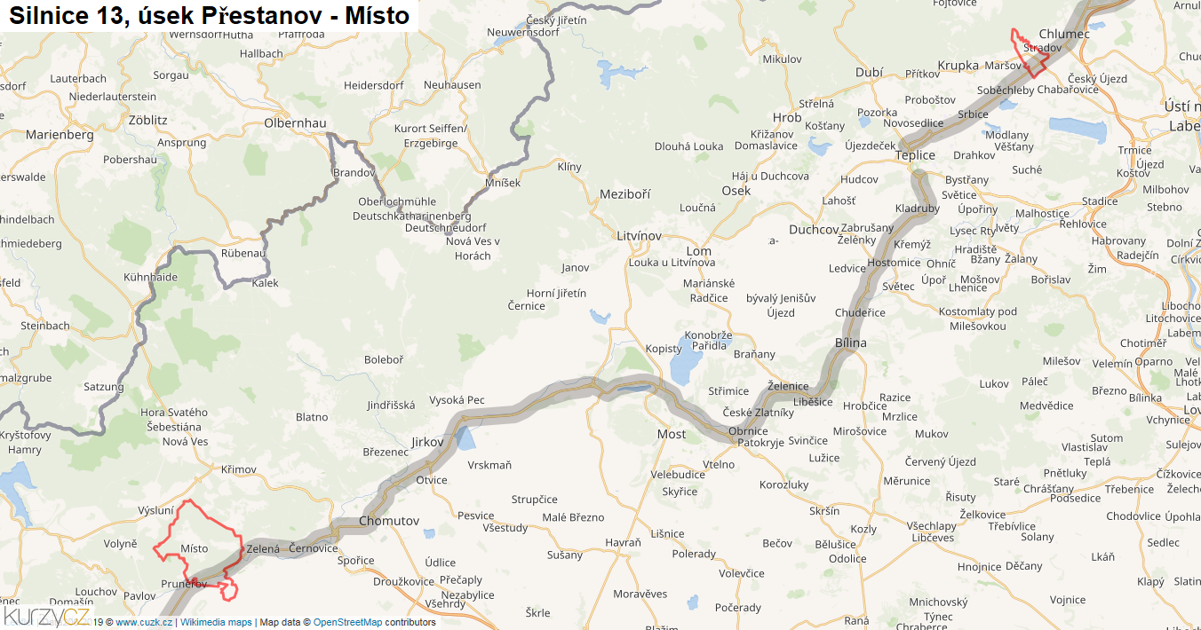 Úsek Přestanov - Místo, Silnice 13 - Mapa