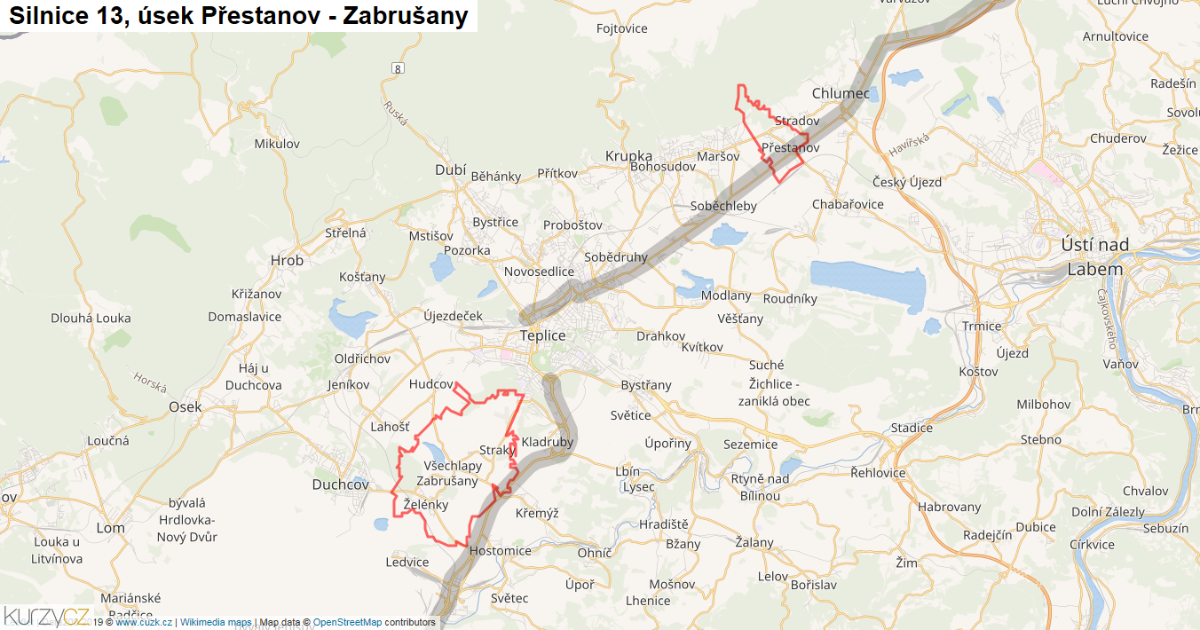 Úsek Přestanov - Zabrušany, Silnice 13 - Mapa