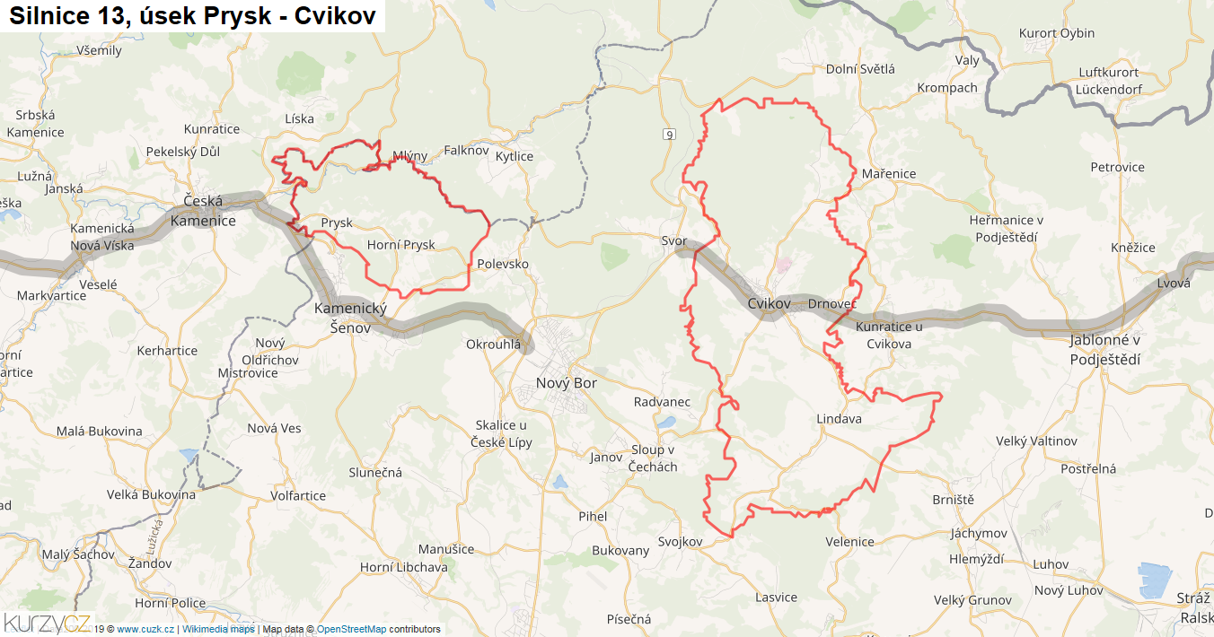 Úsek Prysk - Cvikov, Silnice 13 - Mapa