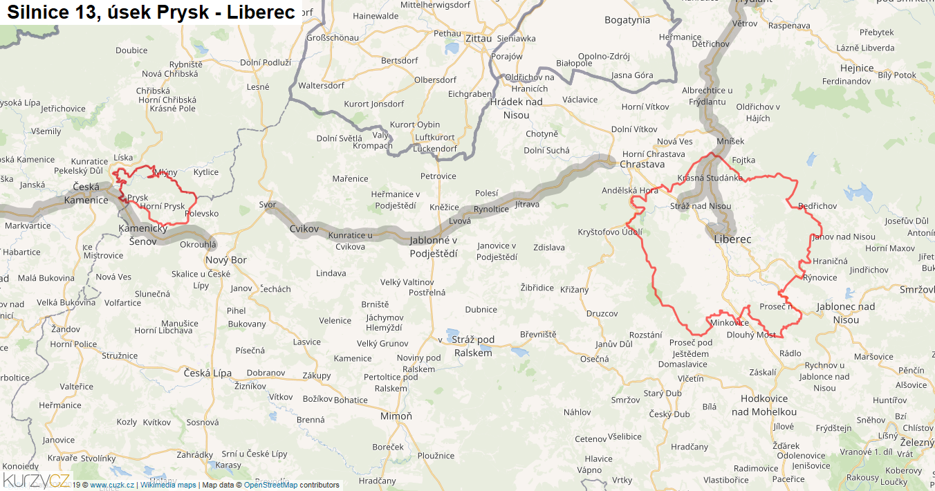 Úsek Prysk - Liberec, Silnice 13 - Mapa