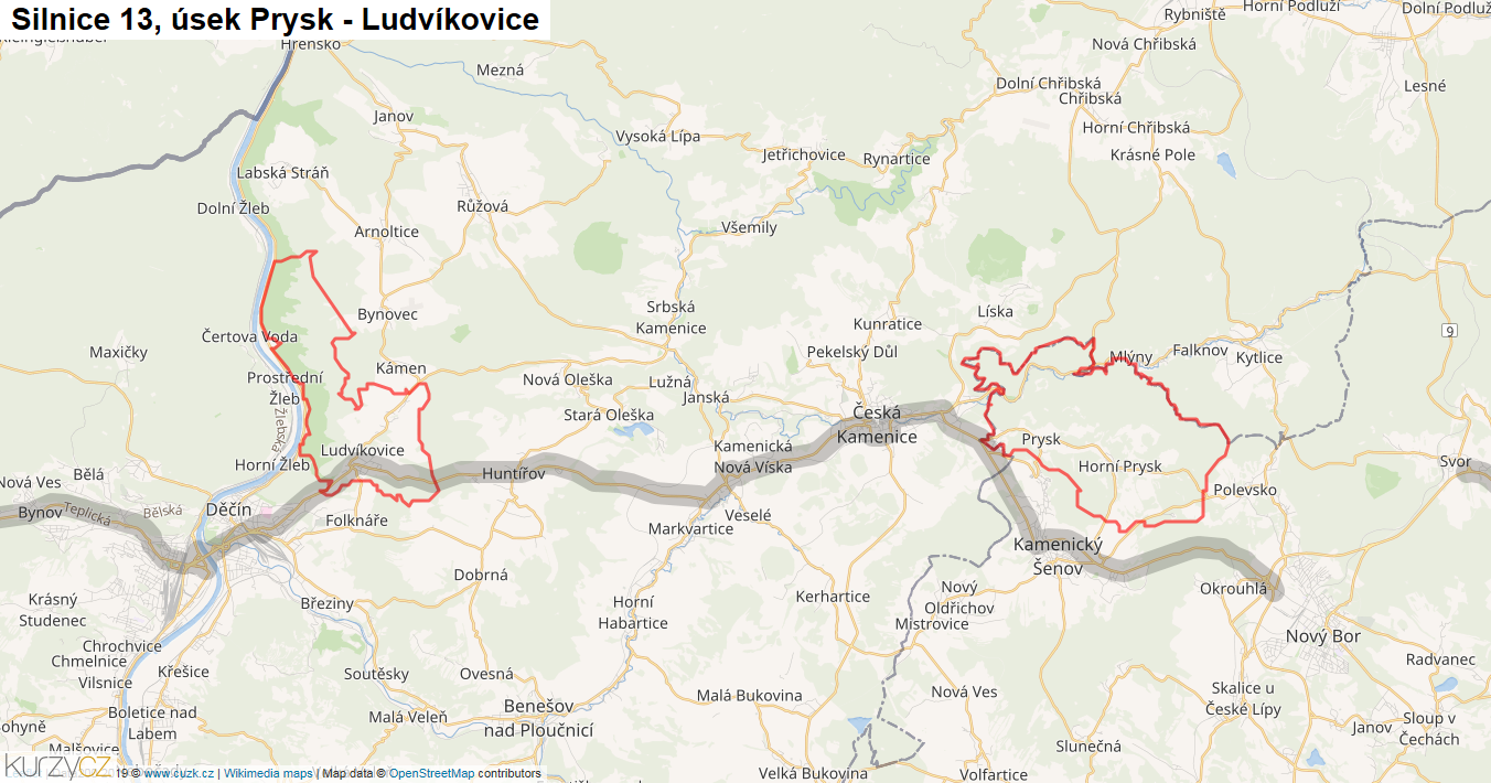Úsek Prysk - Ludvíkovice, Silnice 13 - Mapa