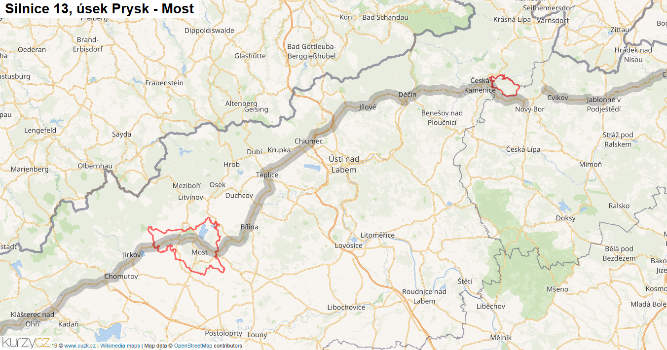 Úsek Prysk - Most, Silnice 13 - Mapa