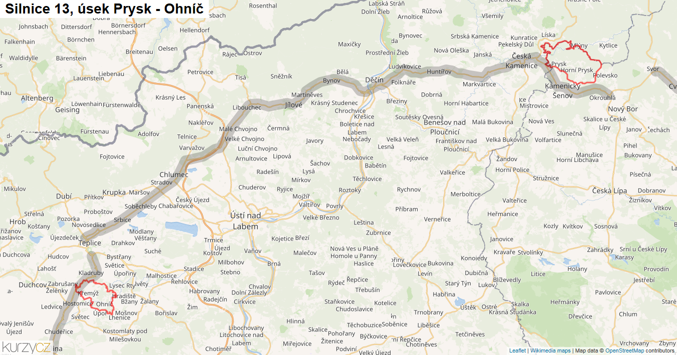 Úsek Prysk - Ohníč, Silnice 13 - Mapa