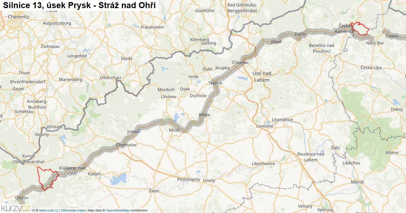 Úsek Prysk - Stráž nad Ohří, Silnice 13 - Mapa