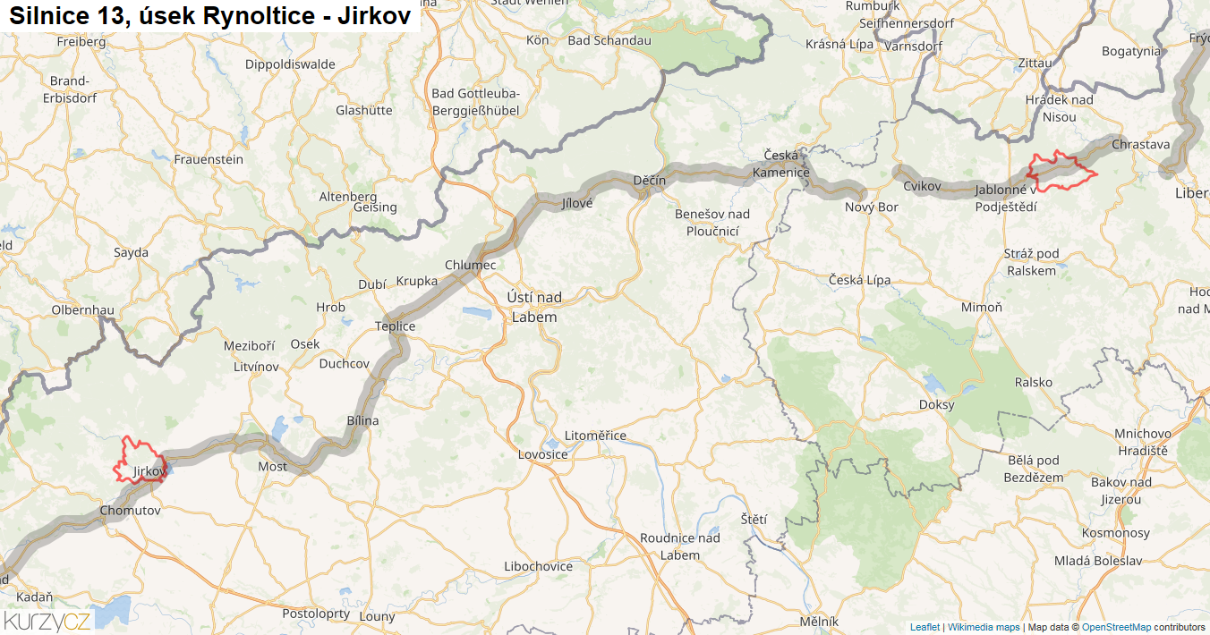 Úsek Rynoltice - Jirkov, Silnice 13 - Mapa