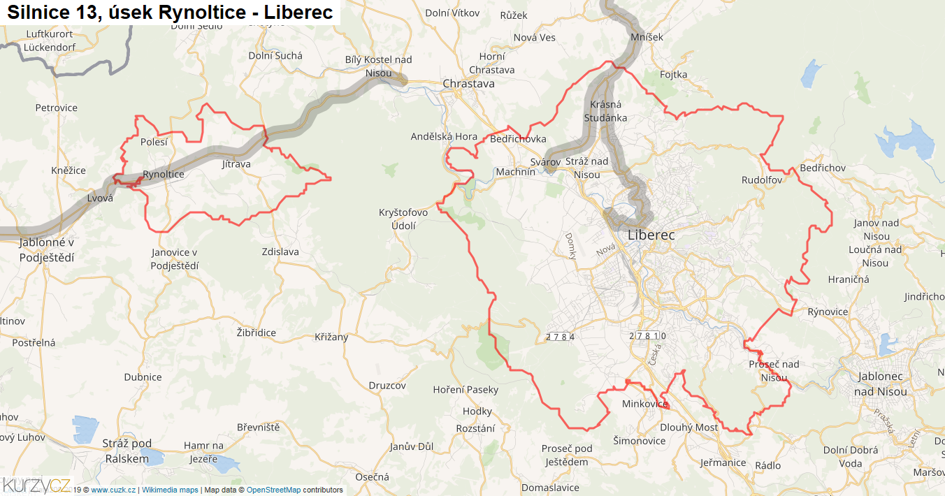 Úsek Rynoltice - Liberec, Silnice 13 - Mapa