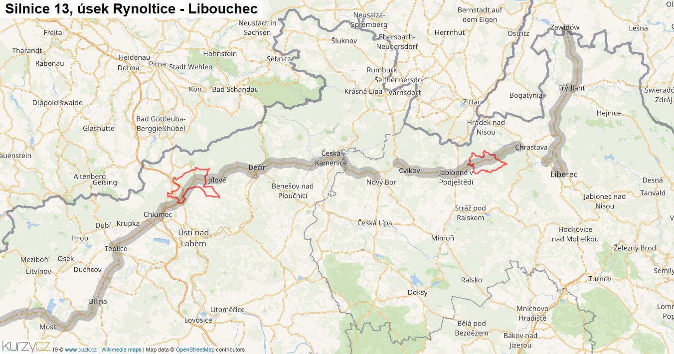 Úsek Rynoltice - Libouchec, Silnice 13 - Mapa