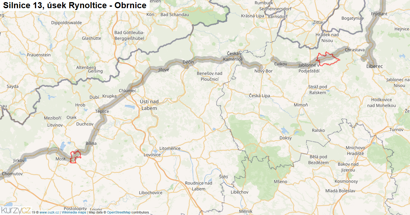 Úsek Rynoltice - Obrnice, Silnice 13 - Mapa