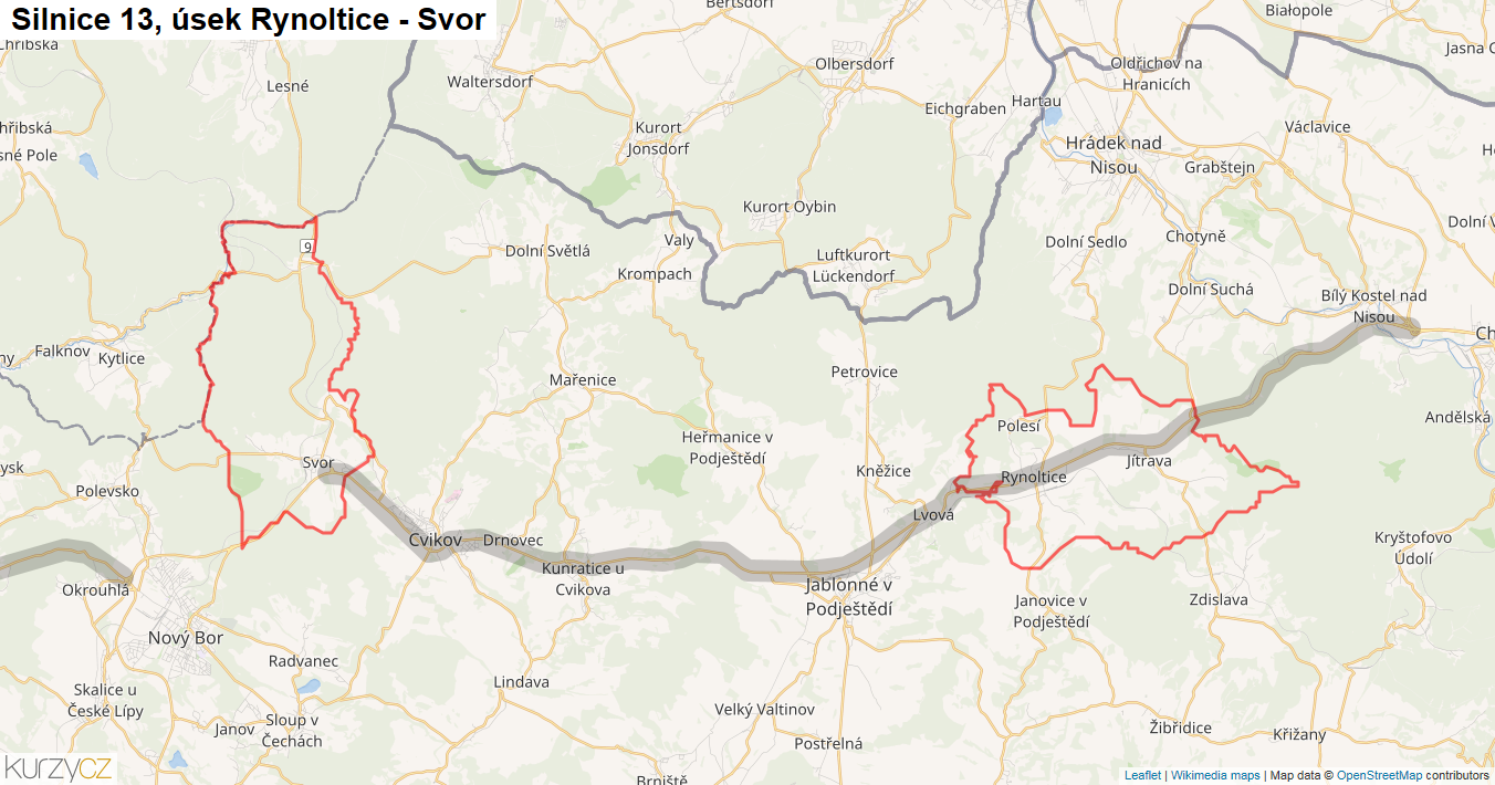 Úsek Rynoltice - Svor, Silnice 13 - Mapa