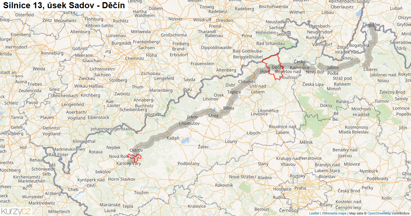 Úsek Sadov - Děčín, Silnice 13 - Mapa