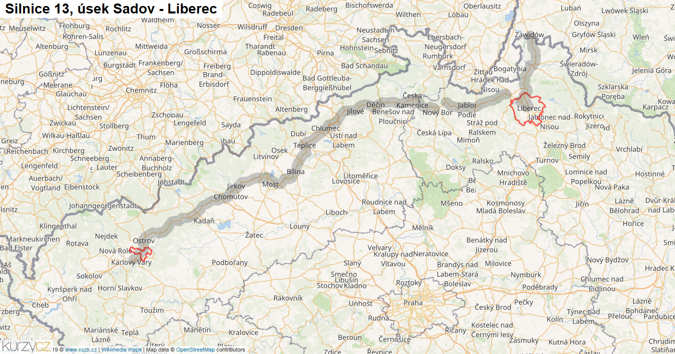 Úsek Sadov - Liberec, Silnice 13 - Mapa
