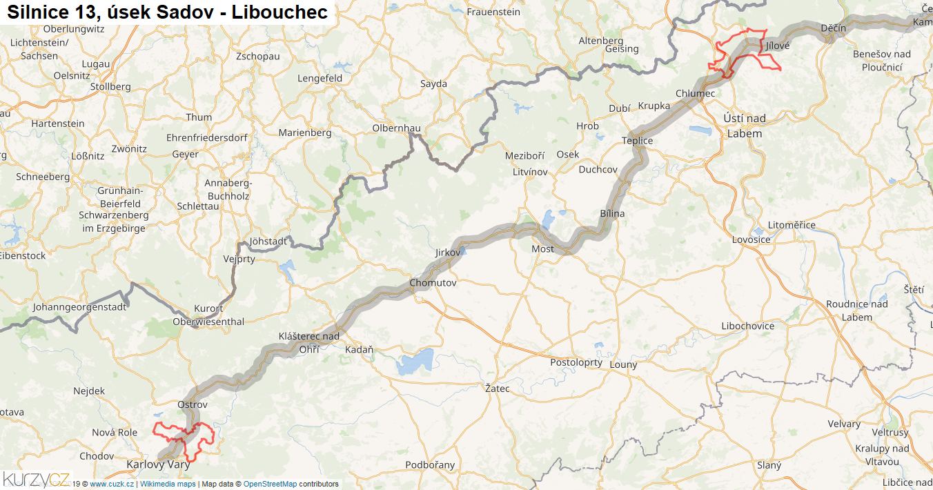 Úsek Sadov - Libouchec, Silnice 13 - Mapa