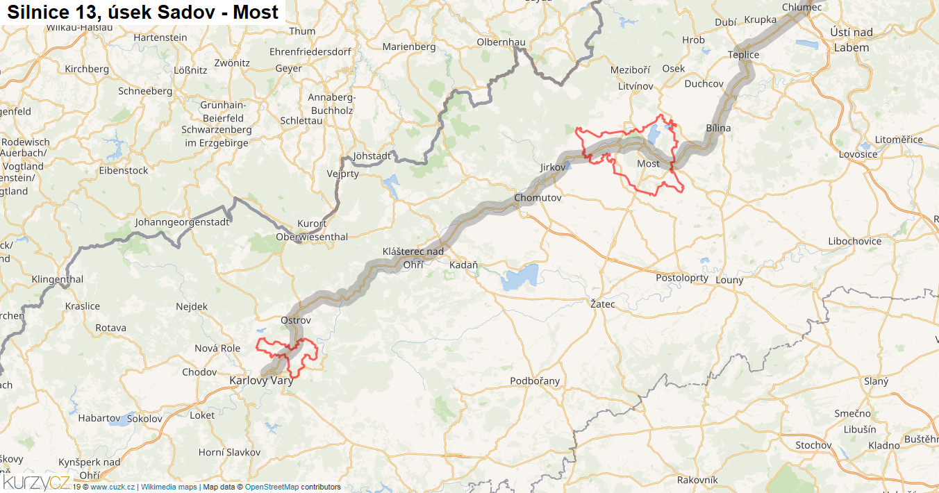 Úsek Sadov - Most, Silnice 13 - Mapa