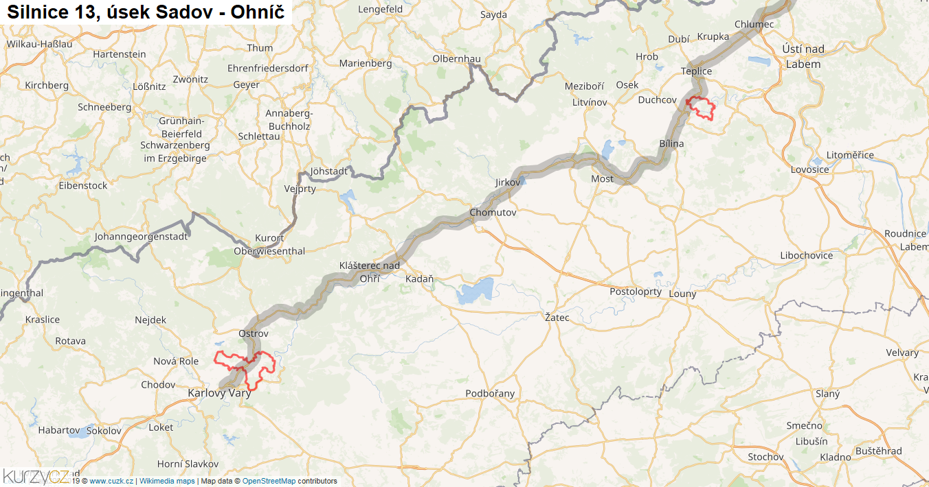 Úsek Sadov - Ohníč, Silnice 13 - Mapa