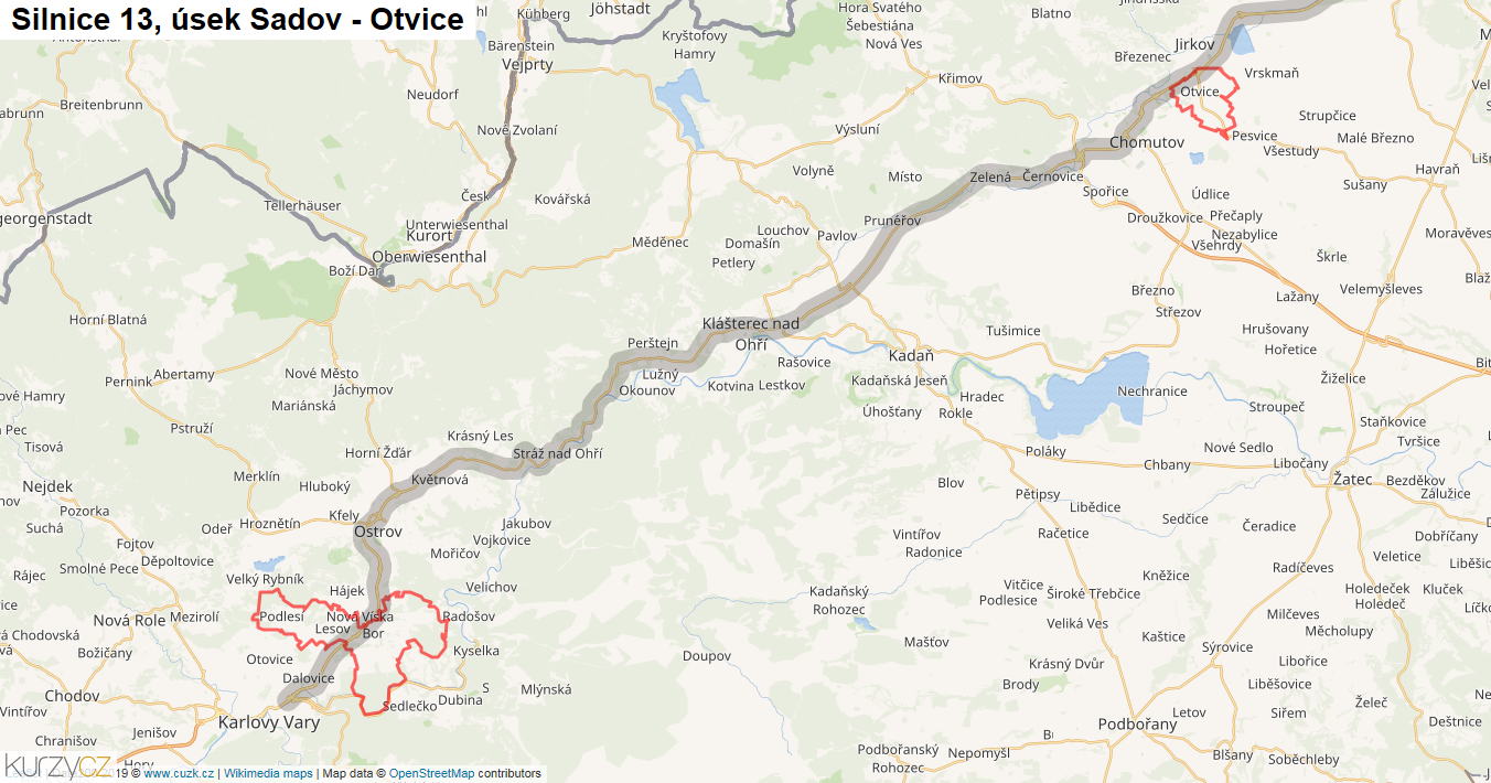 Úsek Sadov - Otvice, Silnice 13 - Mapa