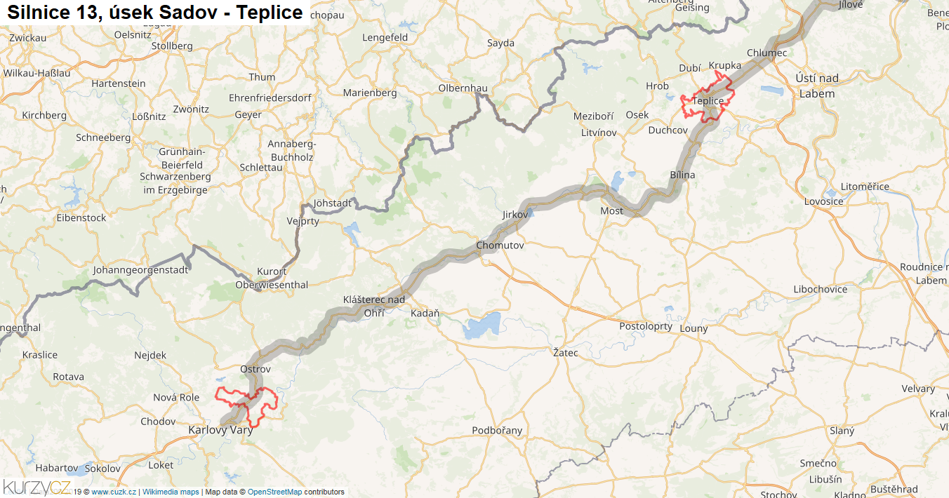 Úsek Sadov - Teplice, Silnice 13 - Mapa