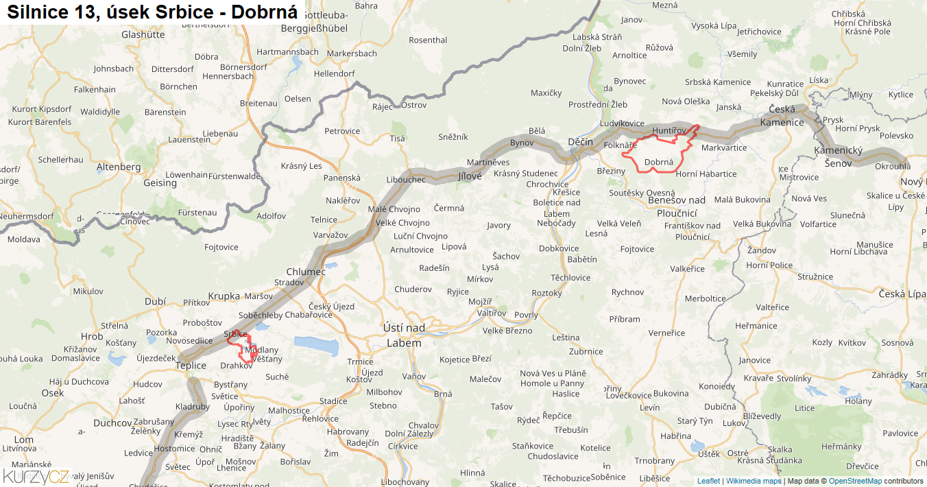 Úsek Srbice - Dobrná, Silnice 13 - Mapa