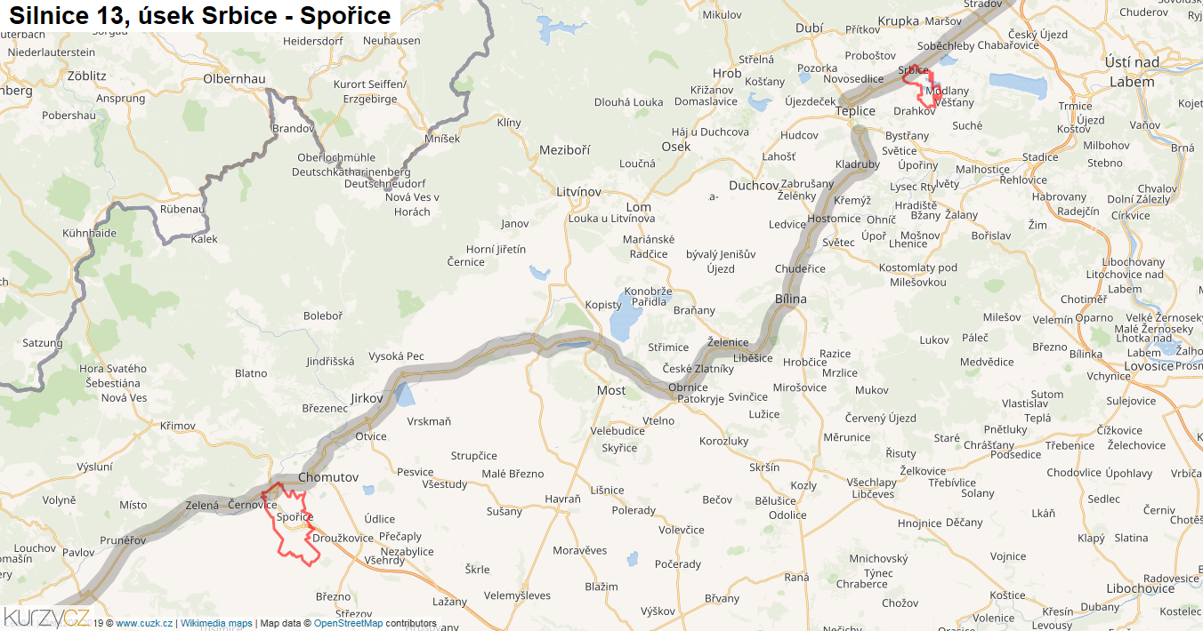 Úsek Srbice - Spořice, Silnice 13 - Mapa