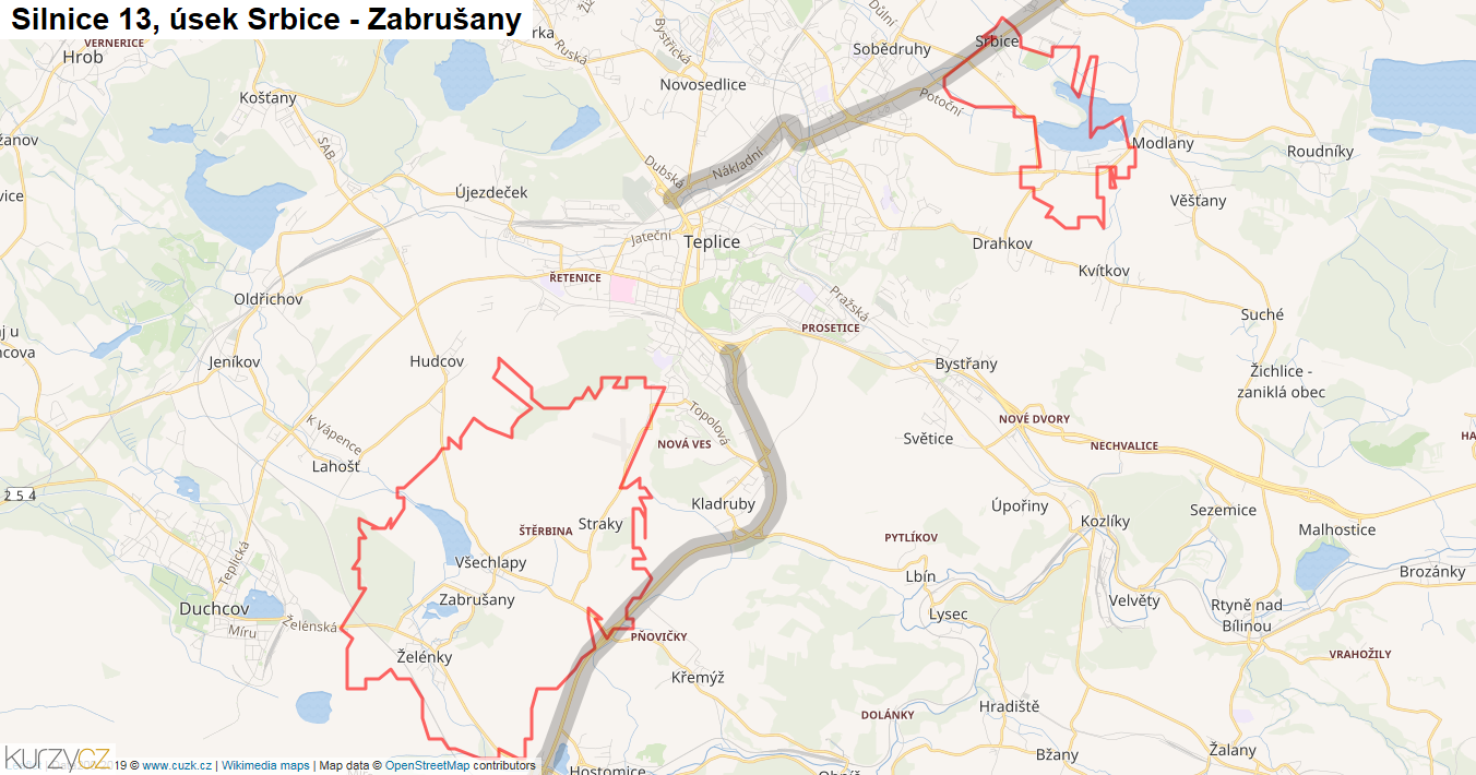 Úsek Srbice - Zabrušany, Silnice 13 - Mapa