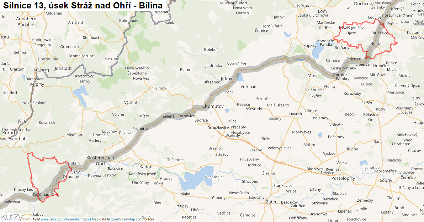 Úsek Stráž nad Ohří - Bílina, Silnice 13 - Mapa