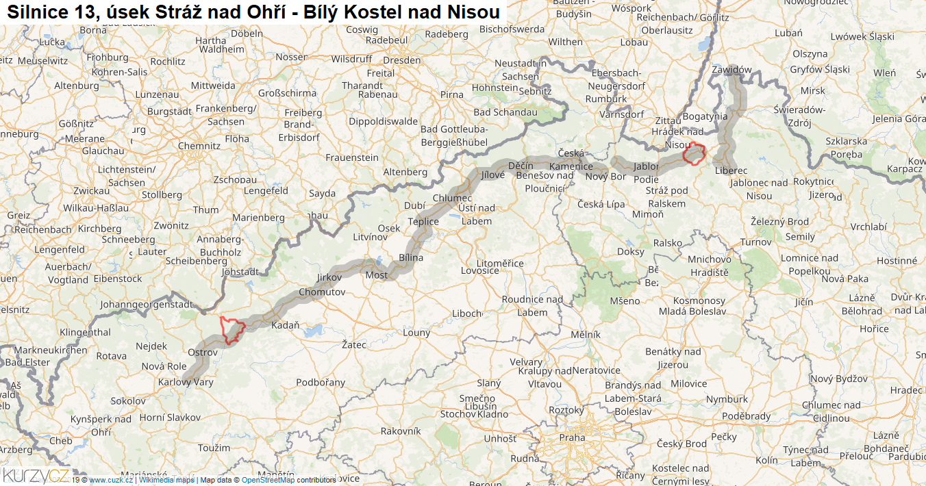 Úsek Stráž nad Ohří - Bílý Kostel nad Nisou, Silnice 13 - Mapa