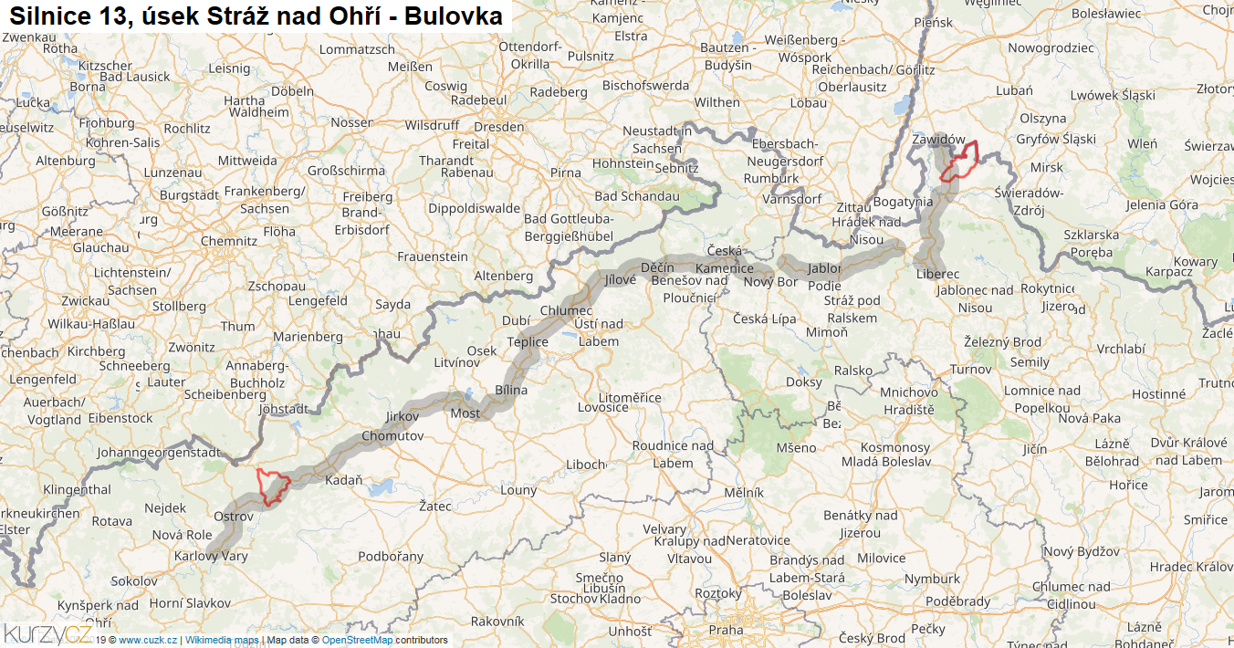 Úsek Stráž nad Ohří - Bulovka, Silnice 13 - Mapa