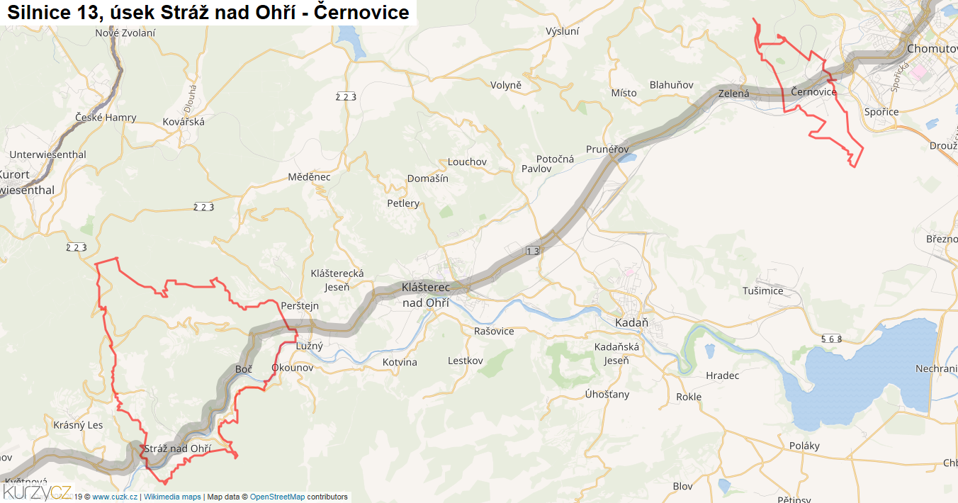 Úsek Stráž nad Ohří - Černovice, Silnice 13 - Mapa