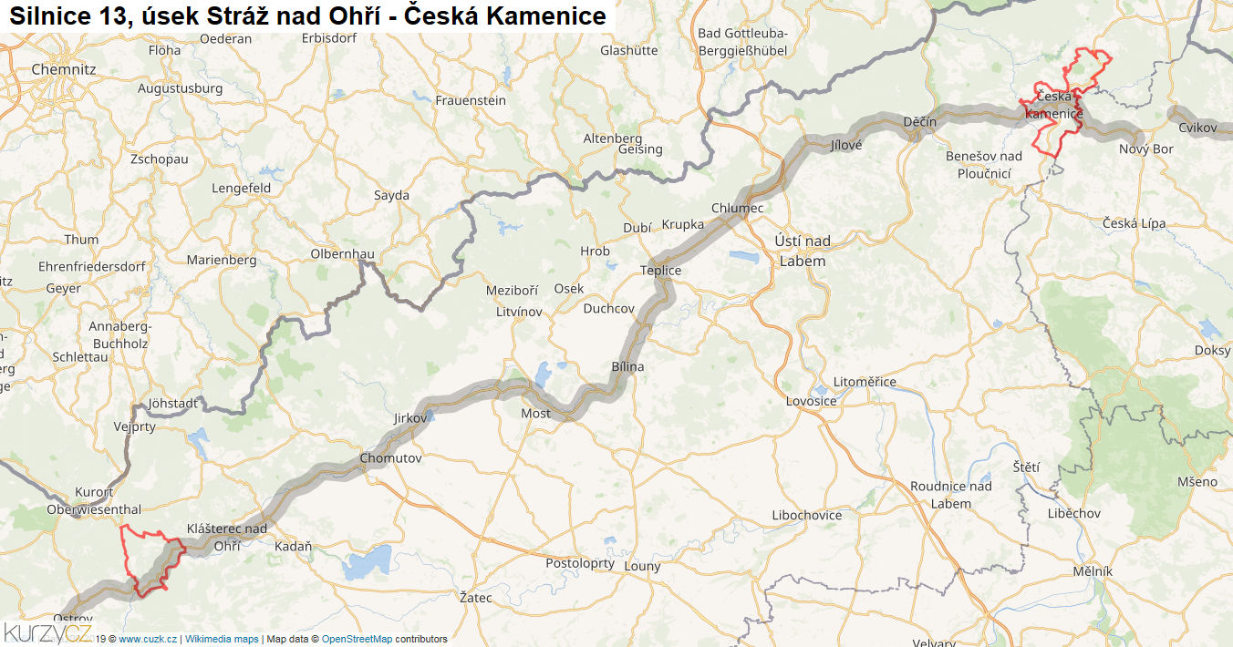 Úsek Stráž nad Ohří - Česká Kamenice, Silnice 13 - Mapa