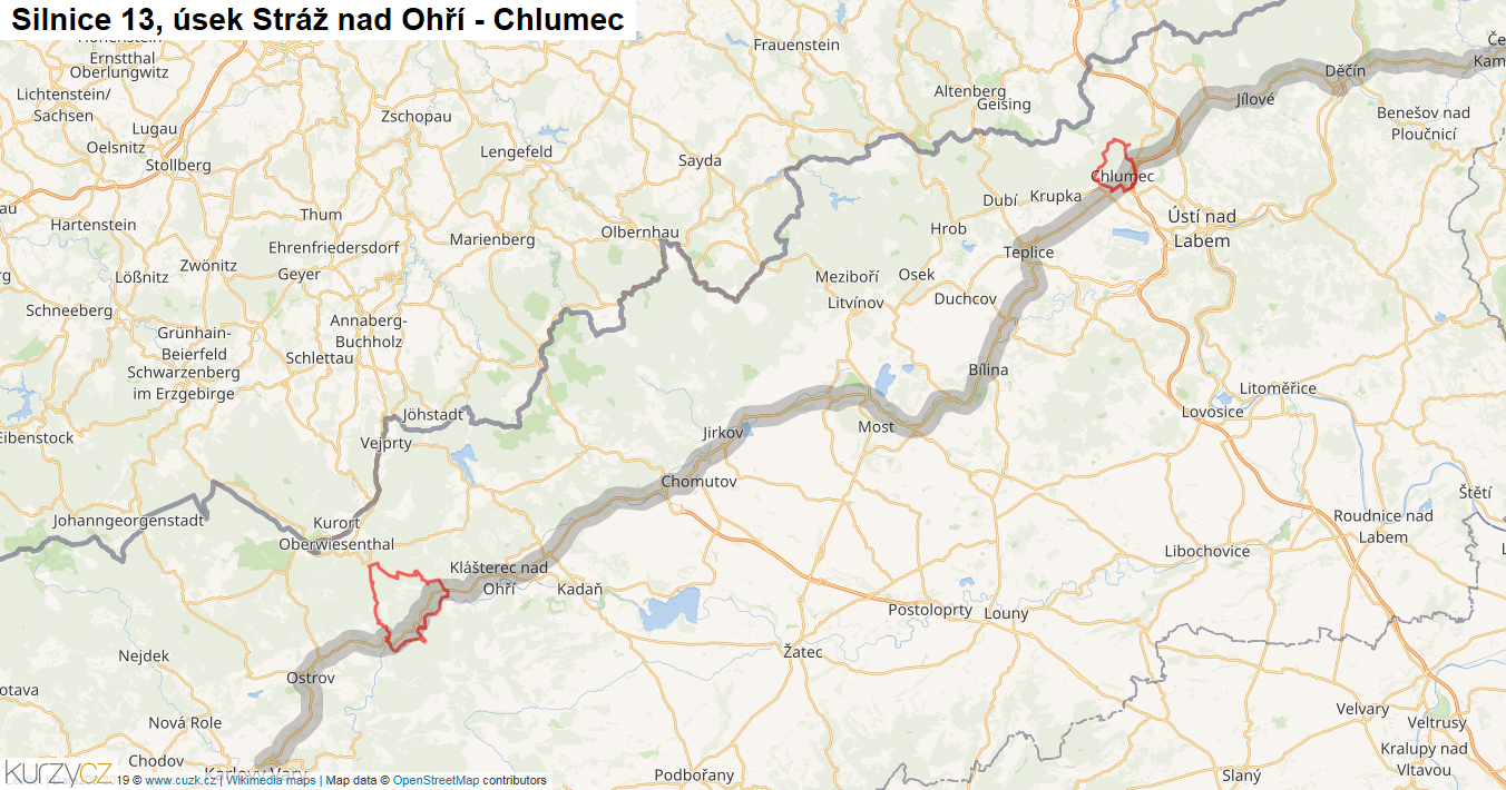Úsek Stráž nad Ohří - Chlumec, Silnice 13 - Mapa
