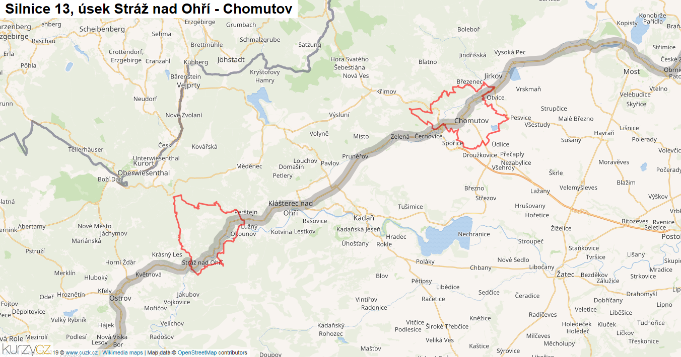 Úsek Stráž nad Ohří - Chomutov, Silnice 13 - Mapa