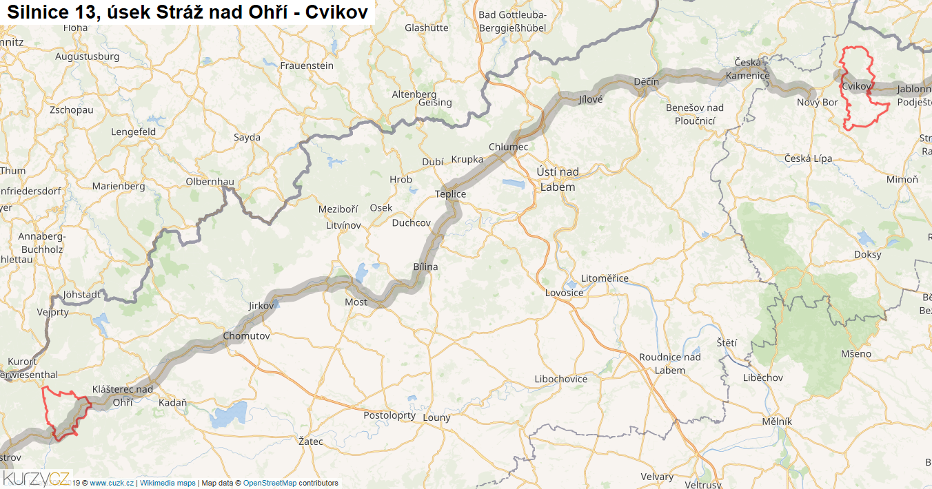 Úsek Stráž nad Ohří - Cvikov, Silnice 13 - Mapa