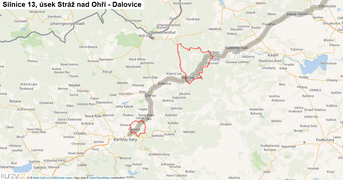 Úsek Stráž nad Ohří - Dalovice, Silnice 13 - Mapa