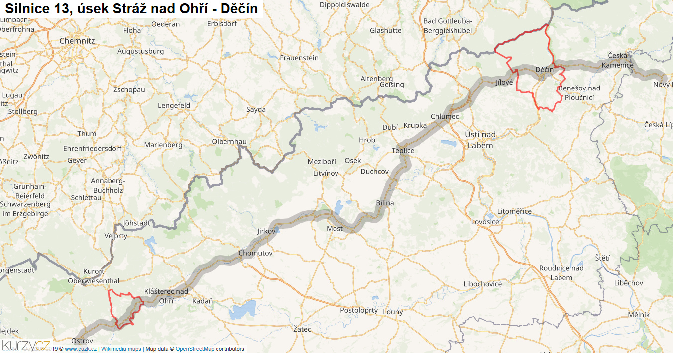Úsek Stráž nad Ohří - Děčín, Silnice 13 - Mapa