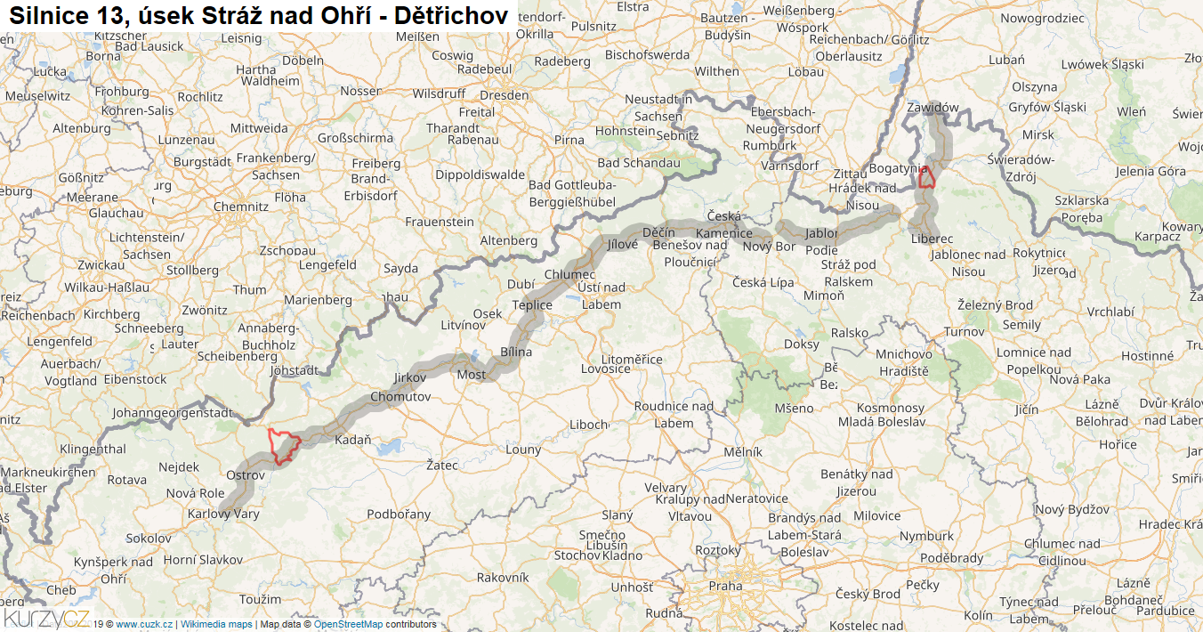 Úsek Stráž nad Ohří - Dětřichov, Silnice 13 - Mapa