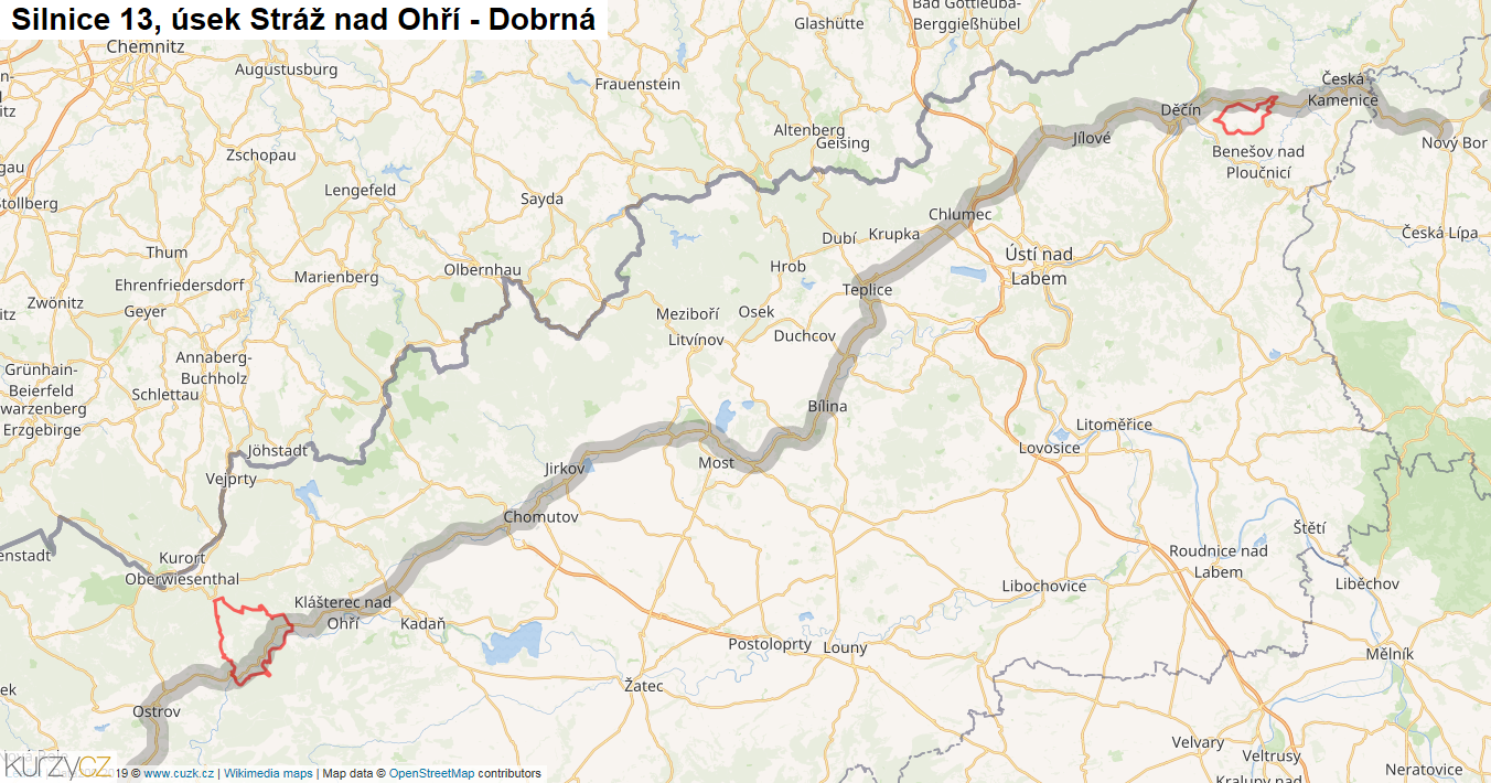 Úsek Stráž nad Ohří - Dobrná, Silnice 13 - Mapa