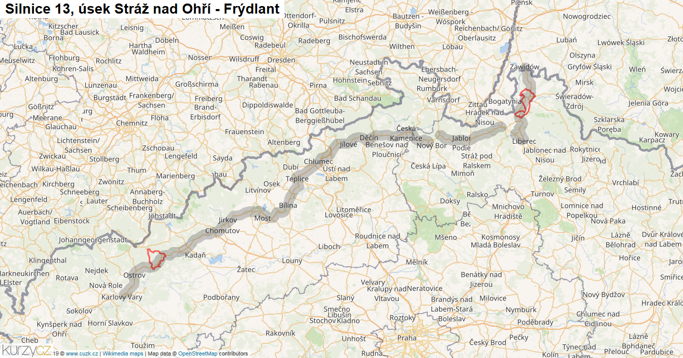 Úsek Stráž nad Ohří - Frýdlant, Silnice 13 - Mapa