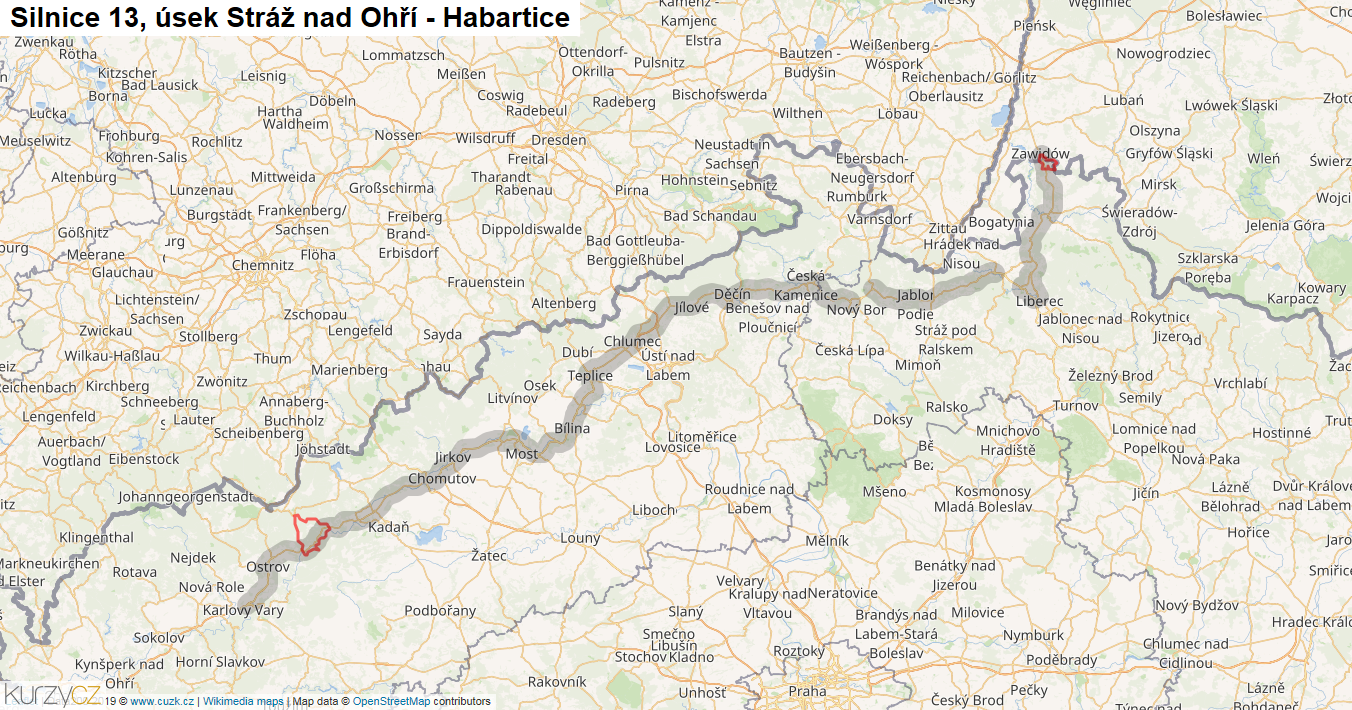 Úsek Stráž nad Ohří - Habartice, Silnice 13 - Mapa