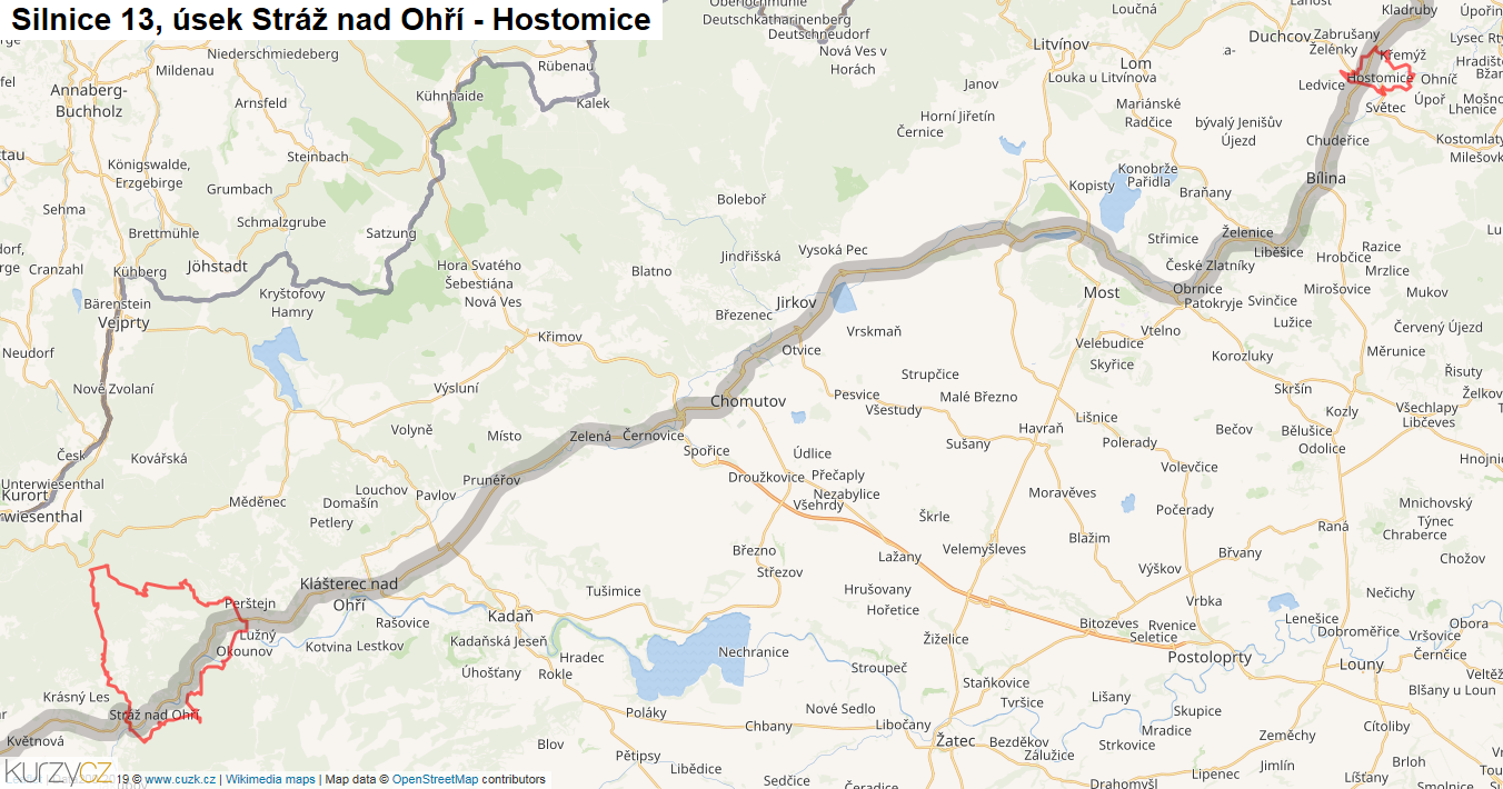 Úsek Stráž nad Ohří - Hostomice, Silnice 13 - Mapa