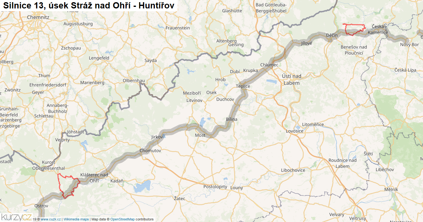 Úsek Stráž nad Ohří - Huntířov, Silnice 13 - Mapa