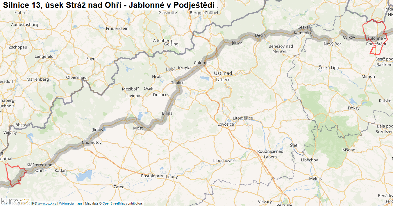 Úsek Stráž nad Ohří - Jablonné v Podještědí, Silnice 13 - Mapa
